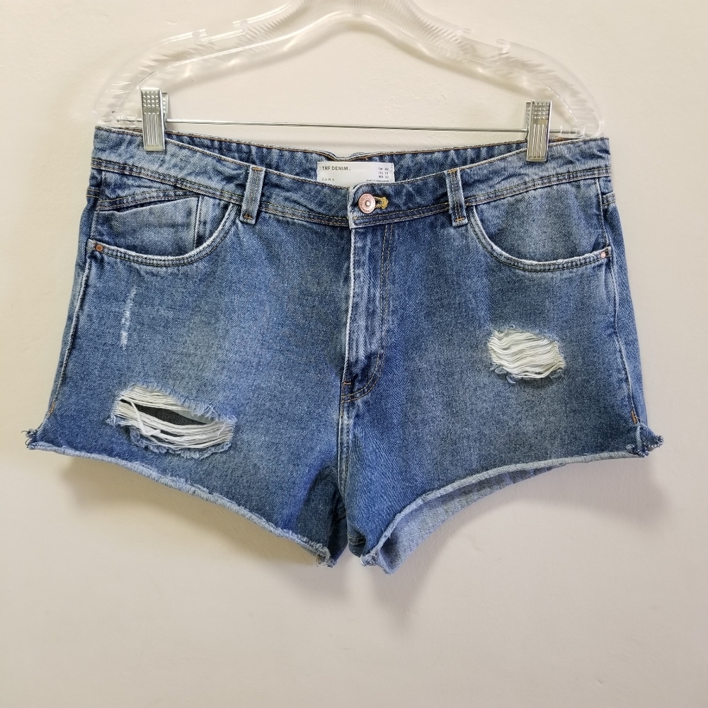 Zara Trafaluc Womens Shorts Denim Blue High Rise Cutoff Frayed Distressed Sz 10